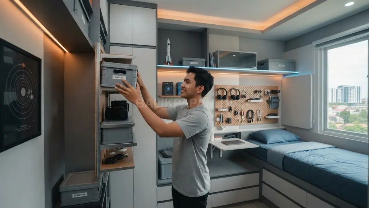 Kamar space station memanfaatkan penyimpanan vertikal, rak bertingkat, meja lipat, dan laci multifungsi secara efisien. (BTV/AI)