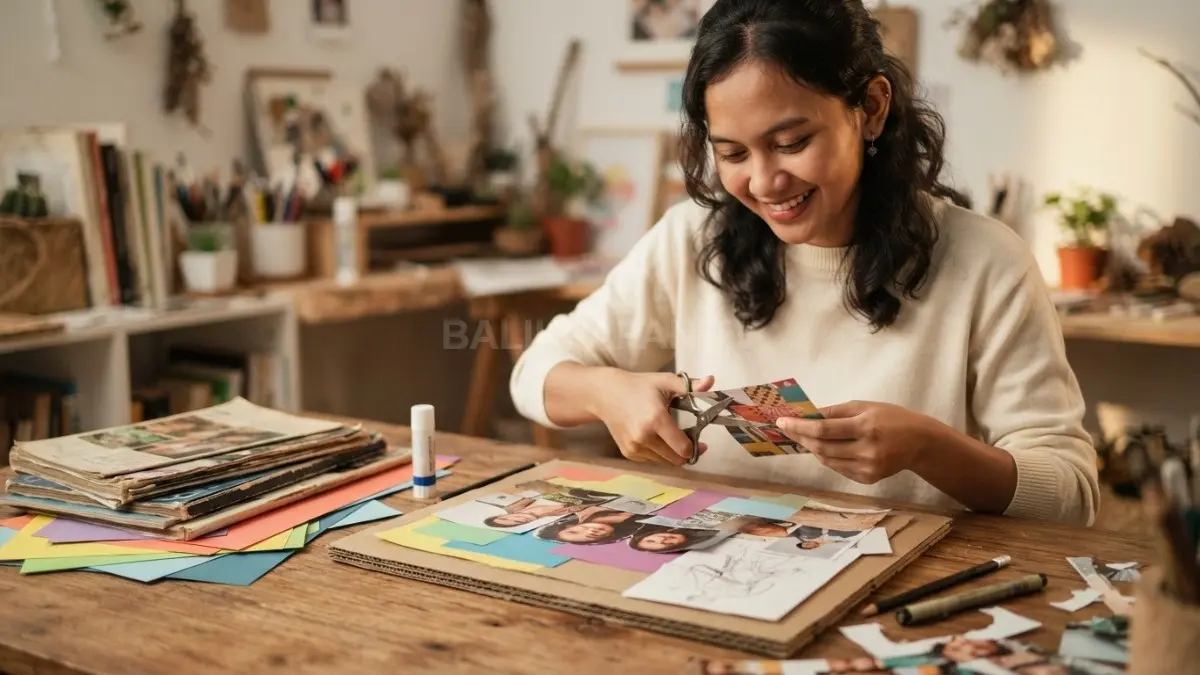 Kolase kreatif berbahan sederhana menghadirkan karya personal melalui perpaduan warna, tekstur, komposisi, dan material bekas. (BTV/AI)
