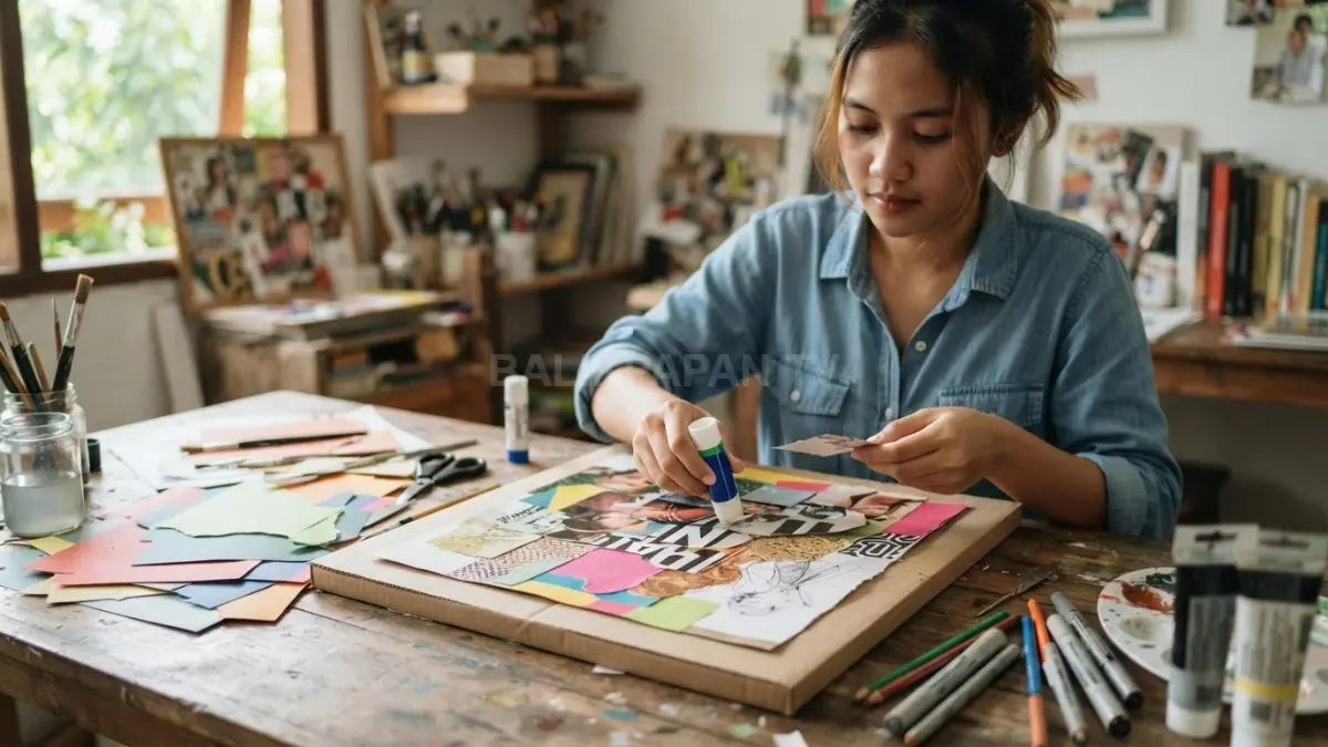 Kolase kreatif dari bahan sederhana menghadirkan dekorasi personal melalui komposisi warna, tekstur, dan sentuhan akhir. (BTV/AI)