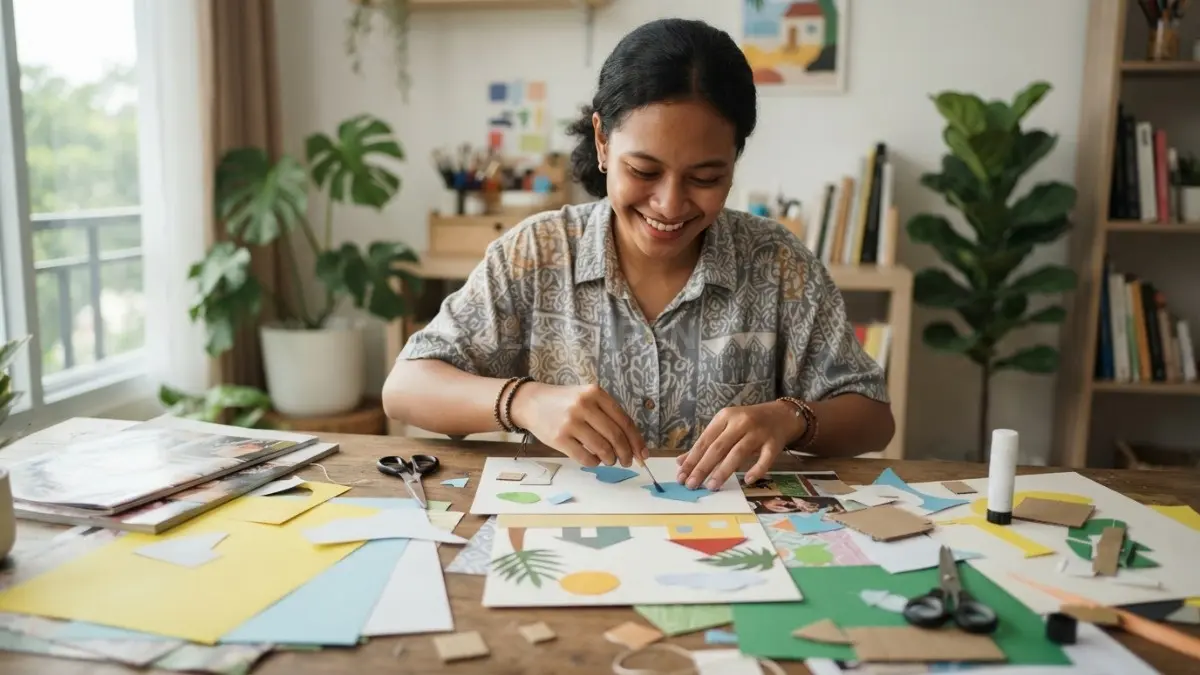 Kolase kreatif memadukan kertas, warna, tekstur, dan komposisi sederhana menjadi dekorasi personal yang menarik. (BTV/AI)