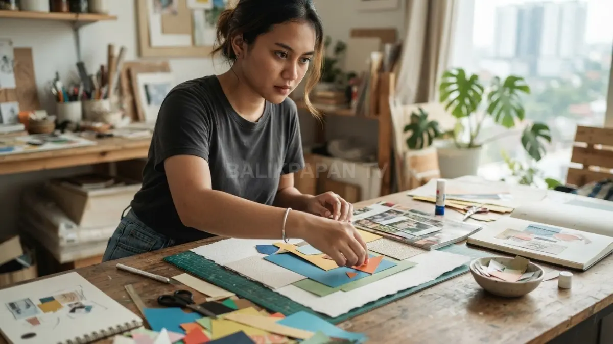 Kolase kreatif menggabungkan potongan material, warna, dan bentuk melalui komposisi terencana sebelum menjadi dekorasi personal. (BTV/AI)