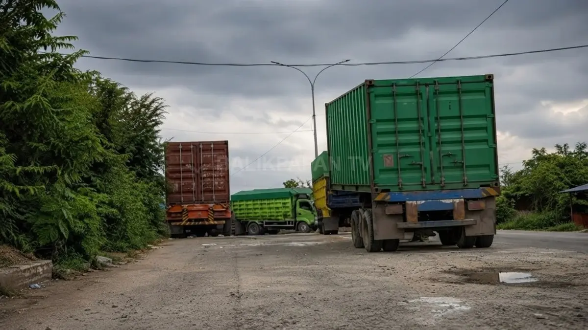 Kontainer parkir di badan Jalan Teuku Umar Samarinda pada kawasan tanjakan yang dikeluhkan warga.