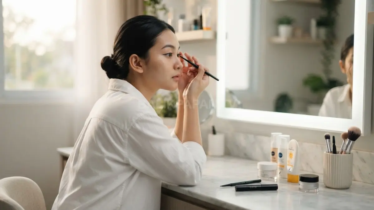 Kulit bersih, kosmetik aman, alat higienis, dan kebiasaan menghapus makeup membantu menjaga kesehatan wajah setiap hari. (BTV/AI)