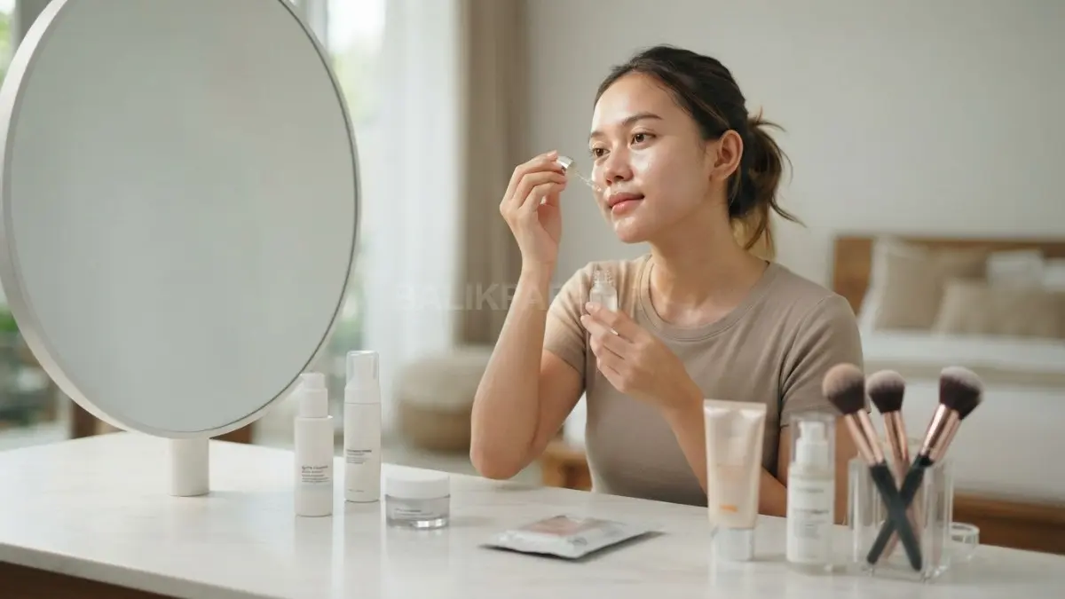 Kulit bersih, lembap, terlindungi sunscreen, dan kosmetik aman membantu riasan nyaman serta menjaga kesehatan wajah setiap hari. (BTV/AI)