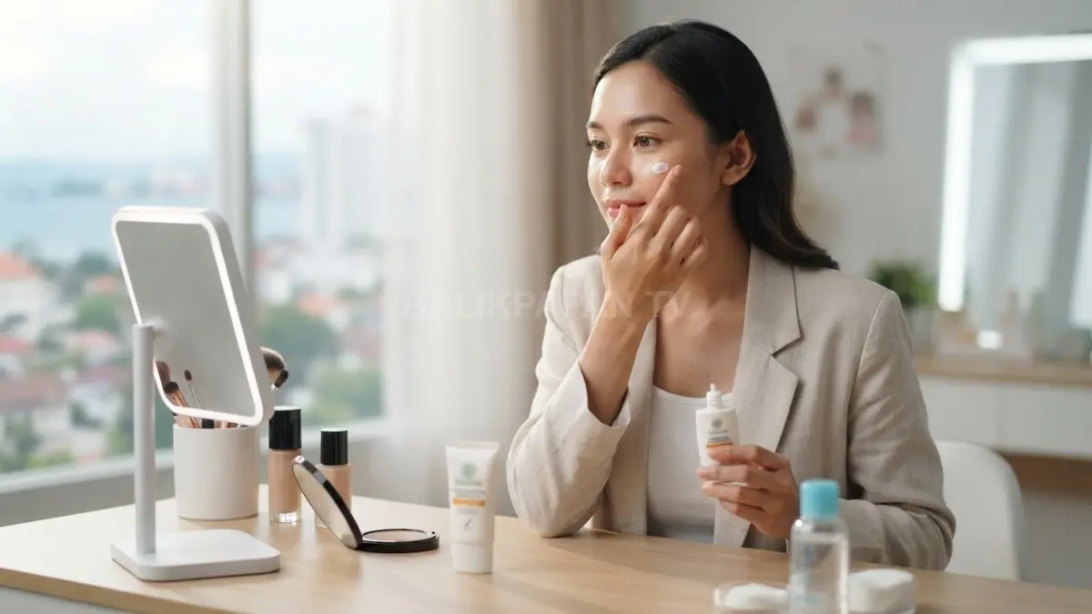 Kulit sehat menjadi dasar riasan aman, dimulai dengan sunscreen, kosmetik terdaftar, alat bersih, serta pembersihan makeup rutin. (BTV/AI)