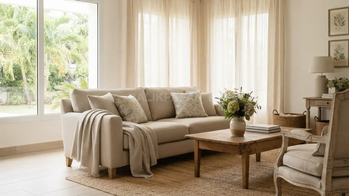 Linen lembut, tirai krem, bantal floral, dan throw netral menciptakan suasana French country hangat serta menenangkan. (BTV/AI)