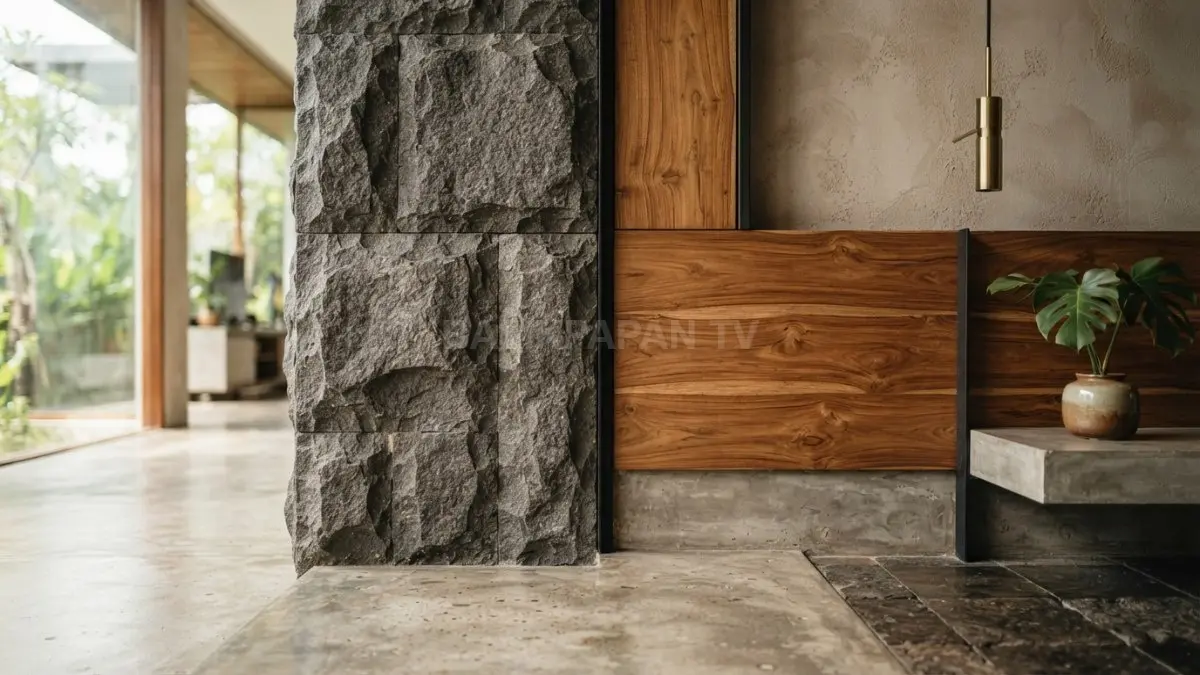 Material bertekstur menghadirkan karakter visual dan sensasi ruang melalui perpaduan kayu, batu, beton, serta elemen alami. (BTV/AI)