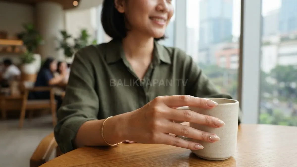 Nude glossy dengan aksen kecil menciptakan tampilan kuku bersih, elegan, feminin, dan mudah dipadukan sehari-hari. (BTV/AI)