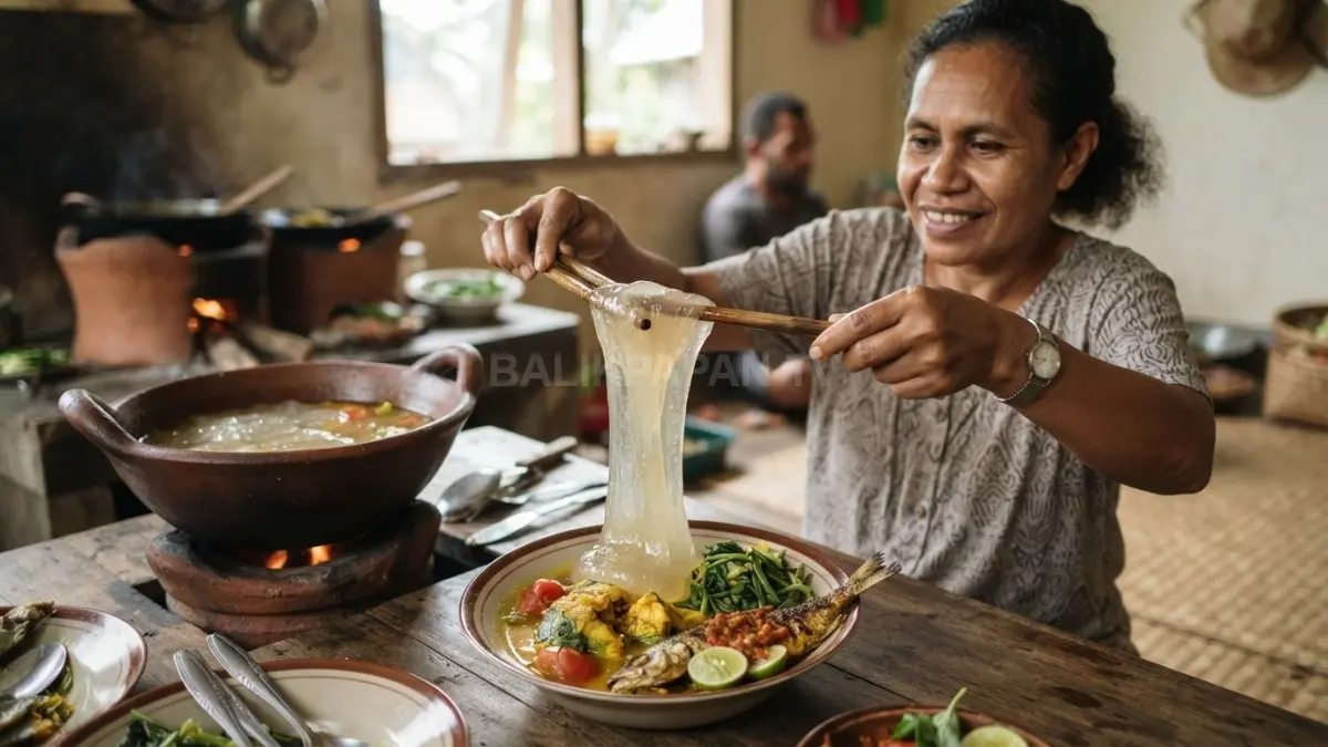 Papeda kenyal dengan kuah ikan kuning berbumbu menjadi sajian khas Papua yang kaya tradisi kuliner. (BTV/AI)