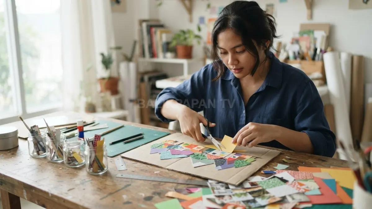 Pemula menyusun potongan kertas warna di atas karton, menciptakan kolase kreatif sederhana dengan sentuhan personal. (BTV/AI)