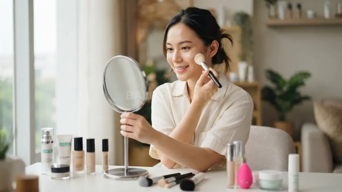 Perempuan mengaplikasikan makeup ringan dengan kosmetik non-comedogenic untuk menjaga kenyamanan kulit wajah dan mencegah pori tersumbat. (BTV/AI)