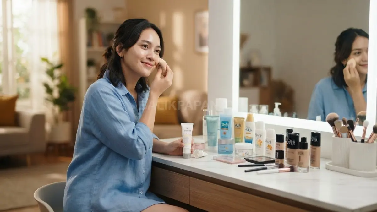 Perempuan merias wajah dengan aplikator bersih dan kosmetik tertata rapi, mendukung kebiasaan makeup yang higienis setiap hari. (BTV/AI)
