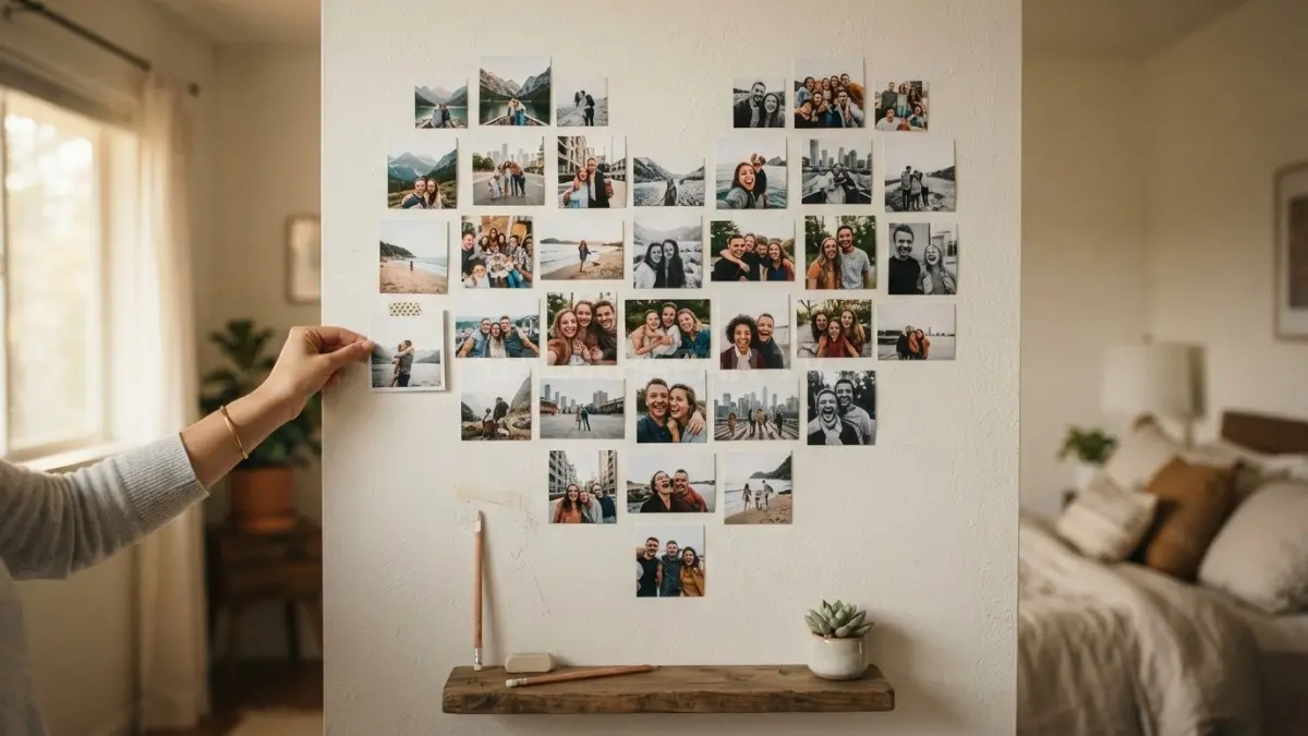 Photo wall berbentuk hati membuat kumpulan foto terasa personal, rapi, hangat, dan penuh kenangan bersama (BTV/AI)