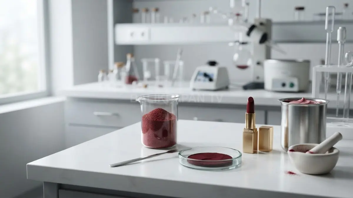 Pigmen carmine merah alami berpadu harmonis dalam formulasi kosmetik modern yang elegan nan mewah. (BTV/Ai)