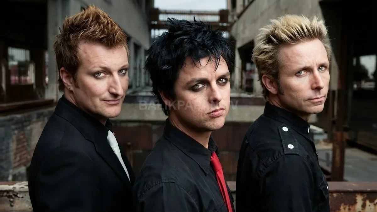 Potret ikonik para personel Green Day berbusana hitam dengan riasan mata khas tampil garang memikat. (BTV/Ai)