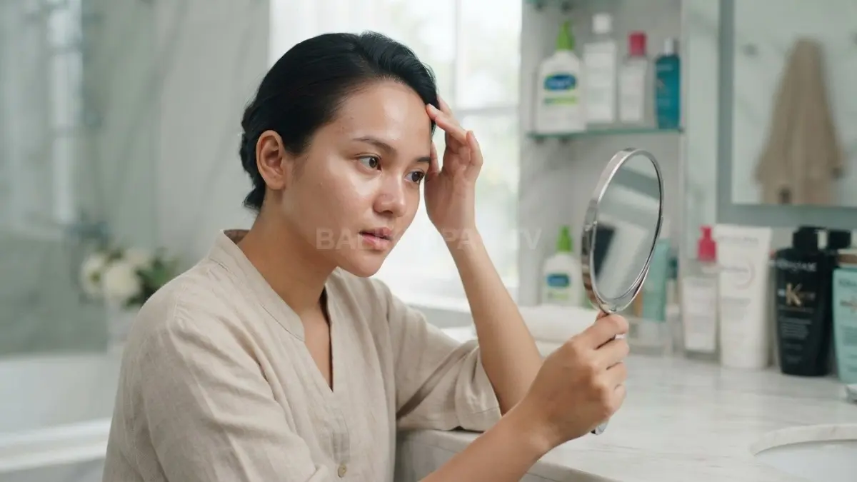 Produk rambut berminyak dapat menyumbat pori wajah, sehingga area garis rambut dan dahi perlu dibersihkan menyeluruh. (BTV/AI)