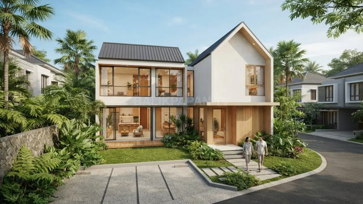 Rumah Swedish minimalis berbentuk kubus memadukan atap miring, kayu, kaca, dan warna terang yang modern. (BTV/AI)