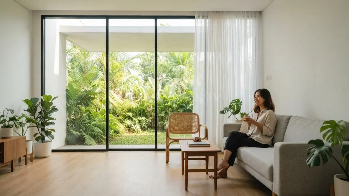 Rumah Swedish minimalis dengan jendela lebar memadukan cahaya alami, taman tropis, dan perlindungan matahari. (BTV/AI)