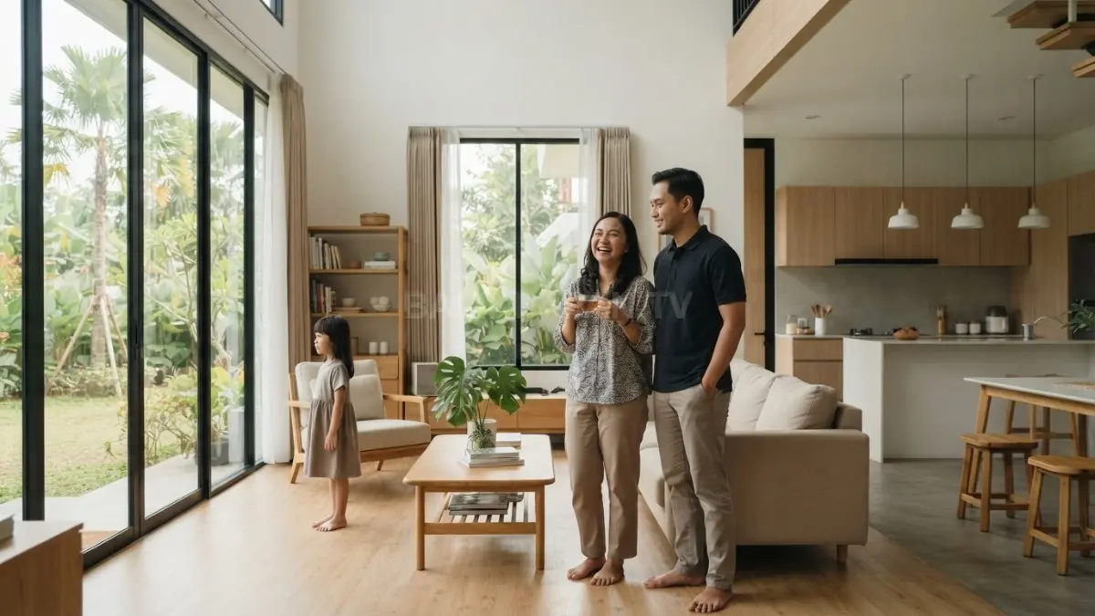 Rumah Swedish minimalis memadukan kayu, warna terang, bentuk sederhana, dan bukaan besar untuk hunian nyaman. (BTV/AI)