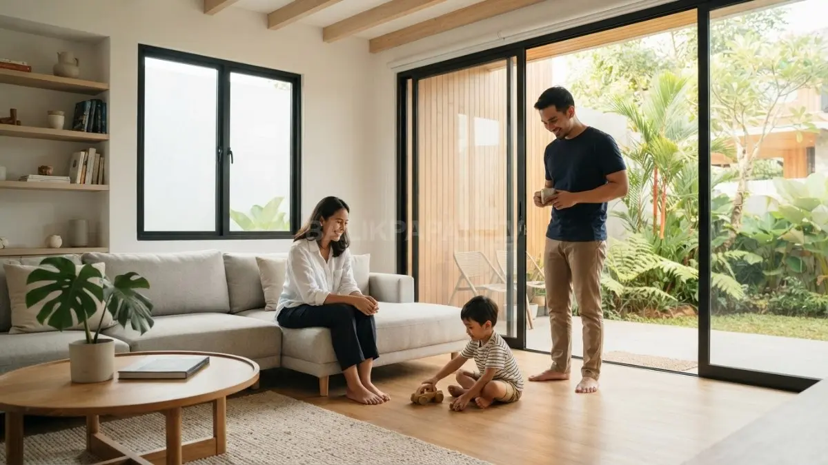 Rumah Swedish minimalis memadukan kayu, warna terang, jendela besar, dan bentuk sederhana untuk hunian hangat. (BTV/AI)