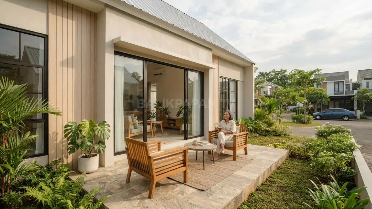 Rumah Swedish minimalis memanfaatkan teras dan taman sebagai ruang transisi dengan material natural serta tanaman tropis sederhana. (BTV/AI)