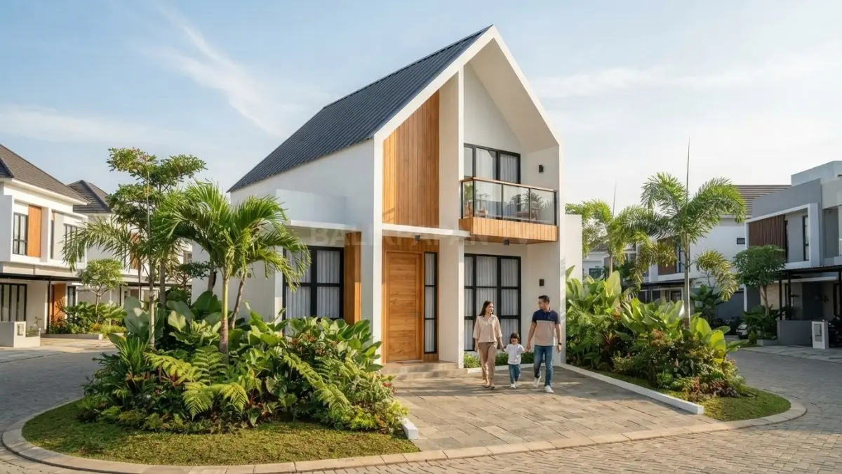 Rumah Swedish minimalis menampilkan fasad putih, aksen kayu, atap pelana sederhana, dan taman hijau tropis. (BTV/AI)