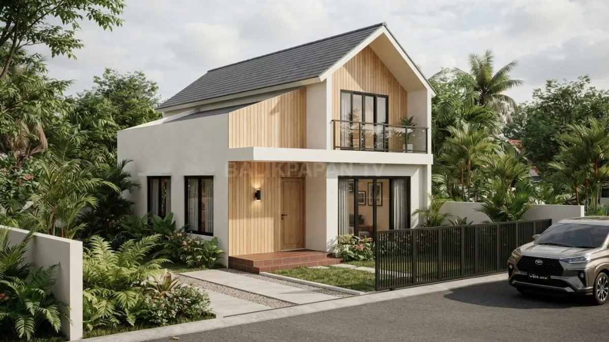 Rumah Swedish minimalis menghadirkan fasad kayu terang, atap pelana, warna lembut, dan aksen hitam elegan. (BTV/AI)
