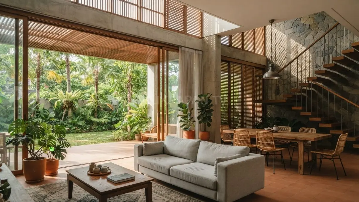 Rumah tropis modern memadukan cahaya alami, ventilasi, material bertekstur, tanaman, bayangan, serta furnitur fungsional untuk kenyamanan. (BTV/AI)