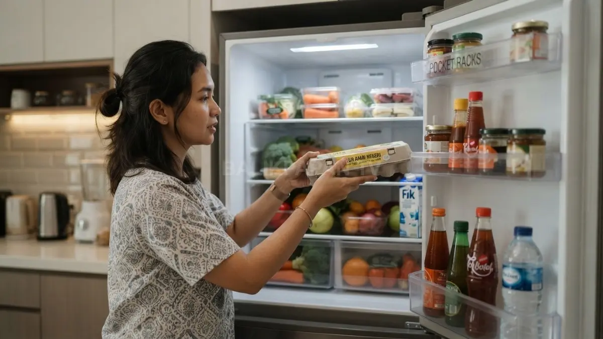 Simpan telur dalam karton di rak dalam kulkas agar suhu tetap stabil dan terjaga (BTV/AI).