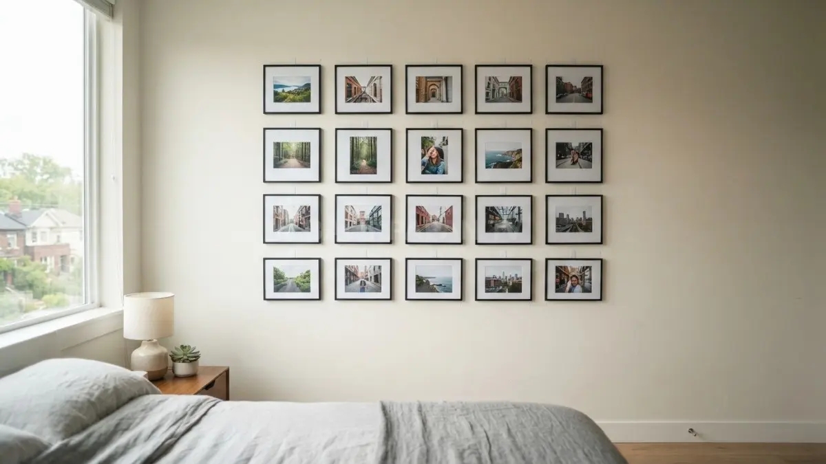 Susun foto dalam grid rapi agar dinding kamar minimalis terlihat teratur, seimbang, dan menarik selalu (BTV/AI)