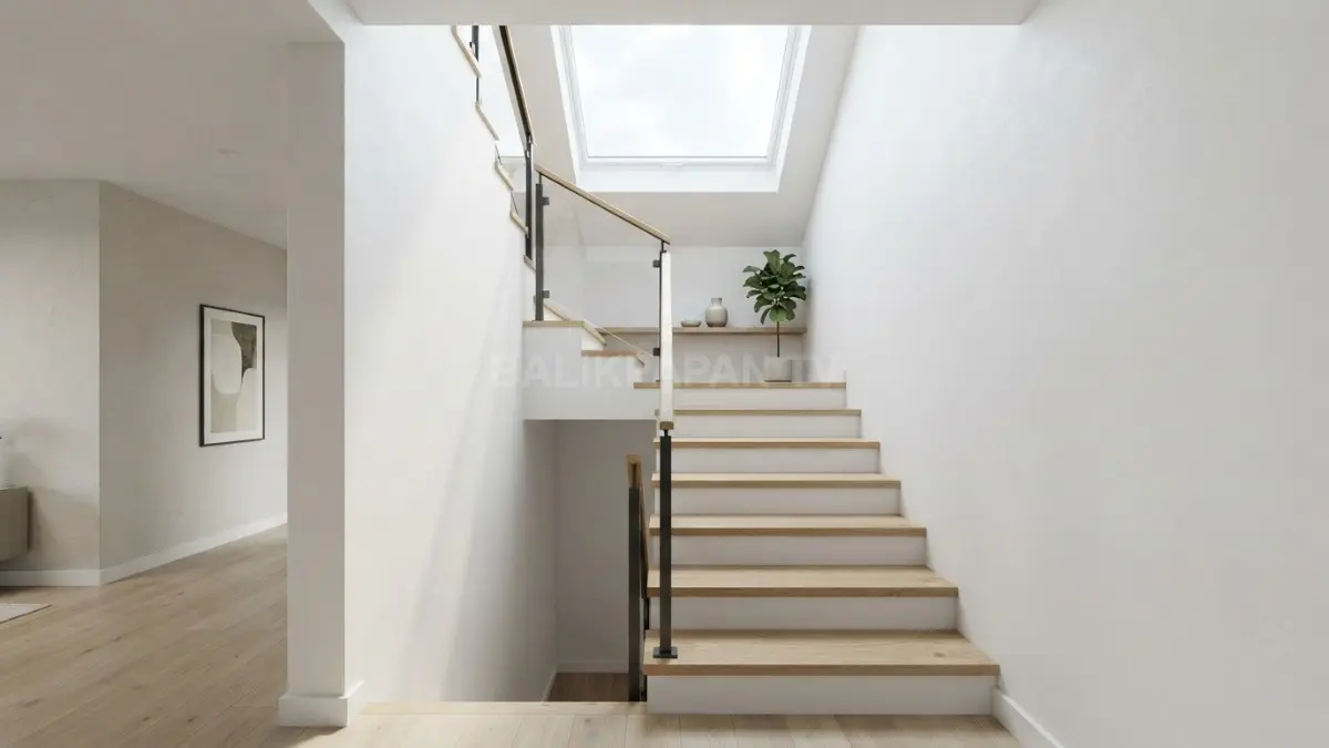 Tangga L dengan skylight di atas bordes memaksimalkan cahaya alami dan kenyamanan ruang interior rumah minimalis. (BTV/AI)