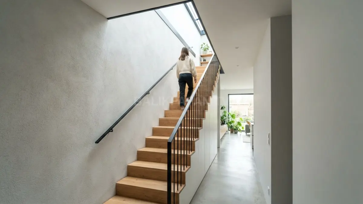 Tangga lurus minimalis dengan railing ramping dan skylight linear menciptakan kesan terang, lapang, modern (BTV/AI)
