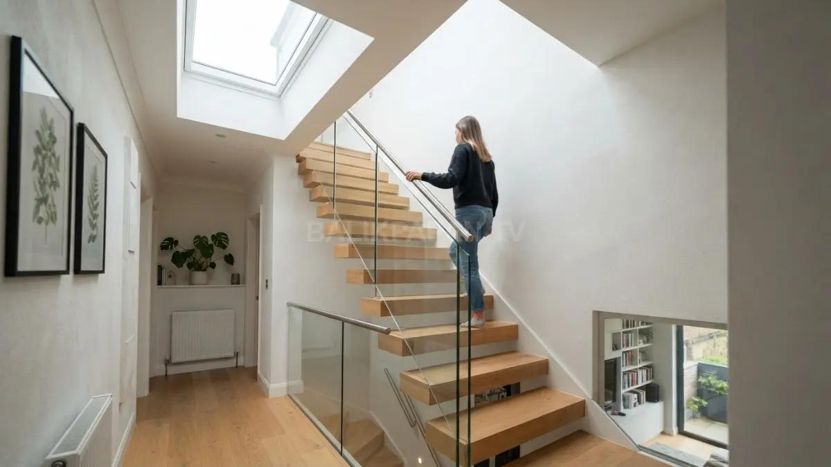 Tangga mono stringer dengan railing kaca dan skylight linear pada rumah bertingkat kompak.