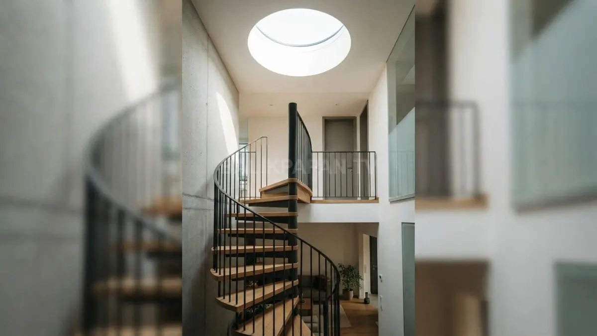Tangga spiral hemat ruang dengan skylight bulat menjadi fokus visual sekaligus menghadirkan cahaya alami ke interior rumah (BTV/AI)