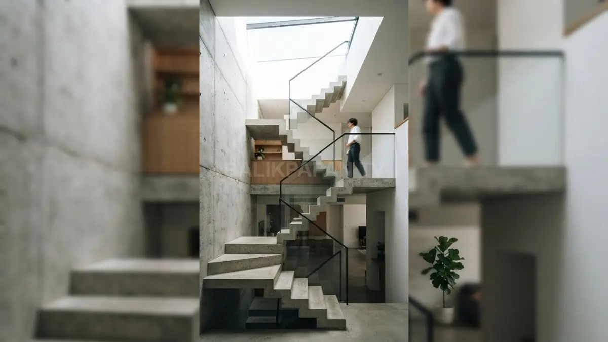 Tangga zig-zag beton ekspos berpadu skylight, menciptakan focal point sculptural sekaligus memperkuat pencahayaan alami interior rumah (BTV/AI)