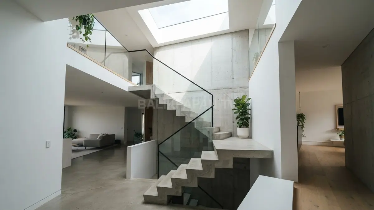 Tangga zig-zag beton ekspos menjadi focal point interior, diperkuat skylight yang menerangi void secara alami (BTV/AI)