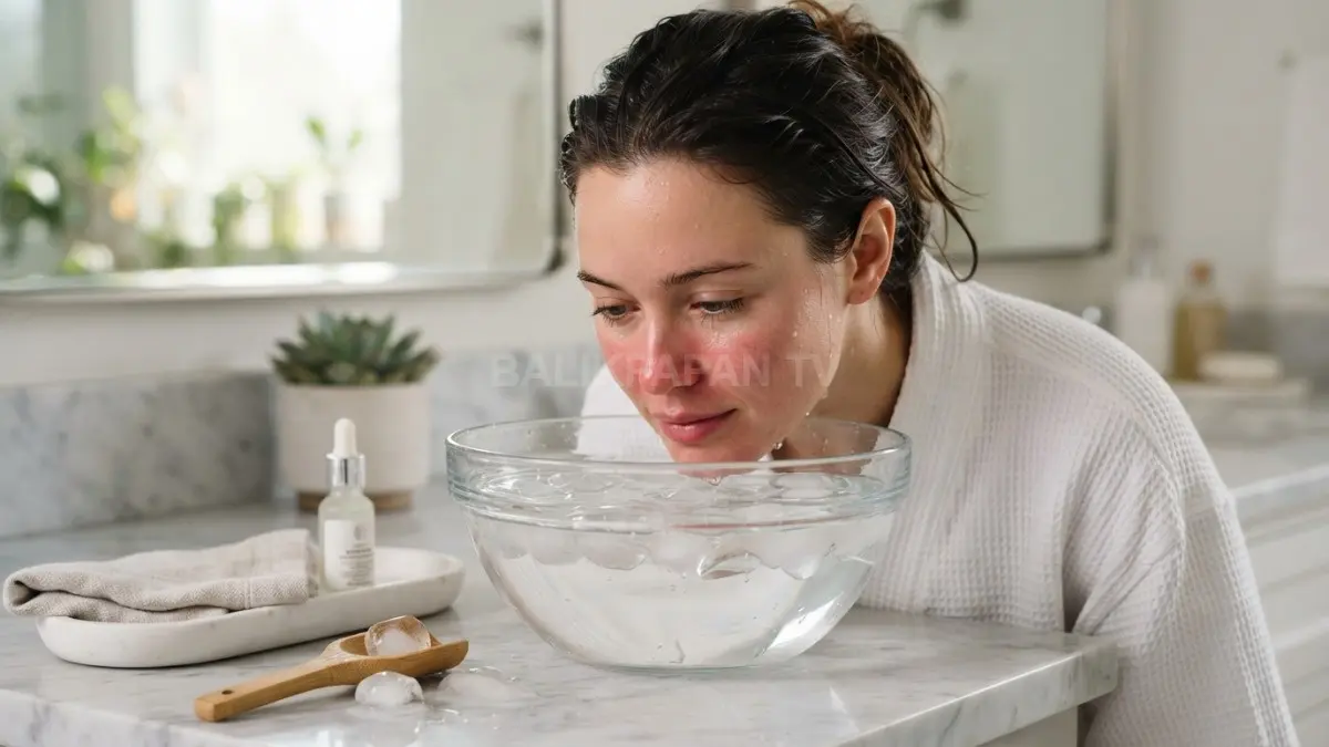 Teknik ice-dunking wujudkan kulit wajah tampak segar dan sehat sebelum mengaplikasikan *riasan makeup*. (BTV/Ai)