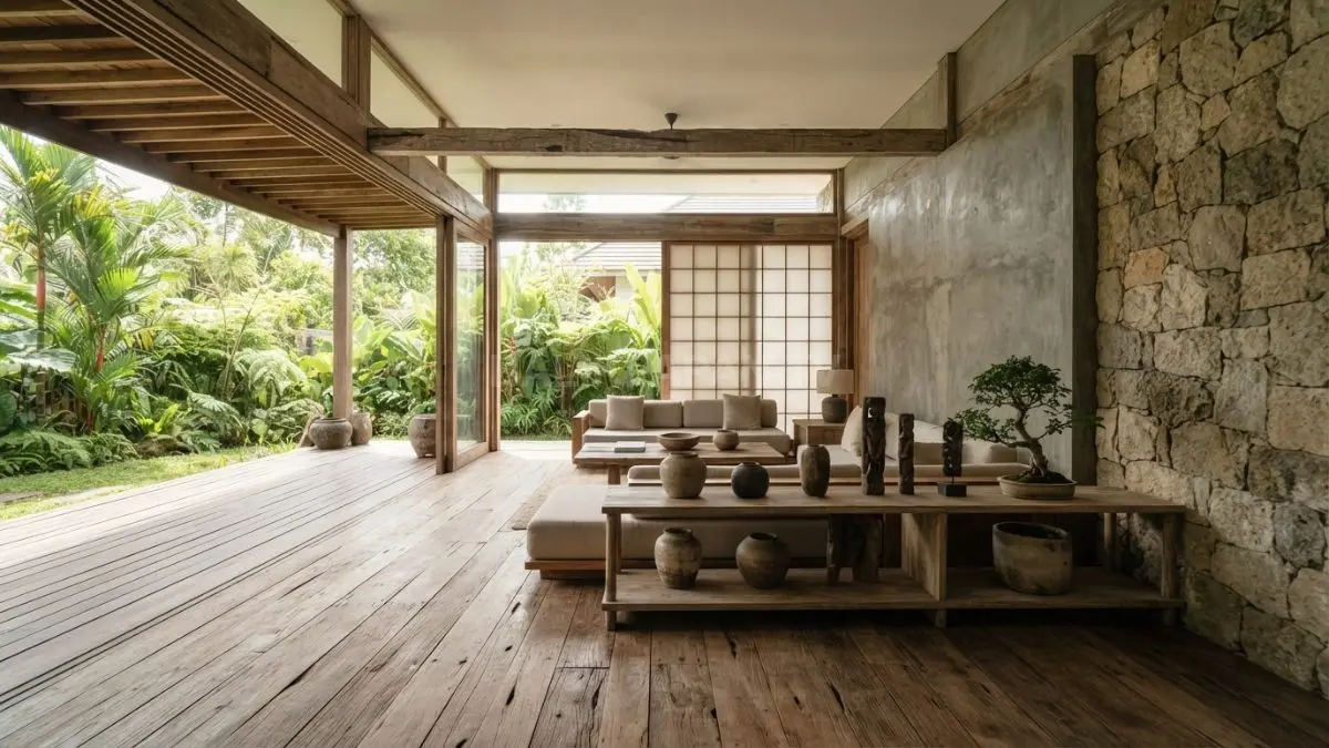 Wabi-sabi menonjolkan keindahan material alami yang berubah seiring waktu, menghadirkan karakter unik pada hunian tropis. (BTV/AI)