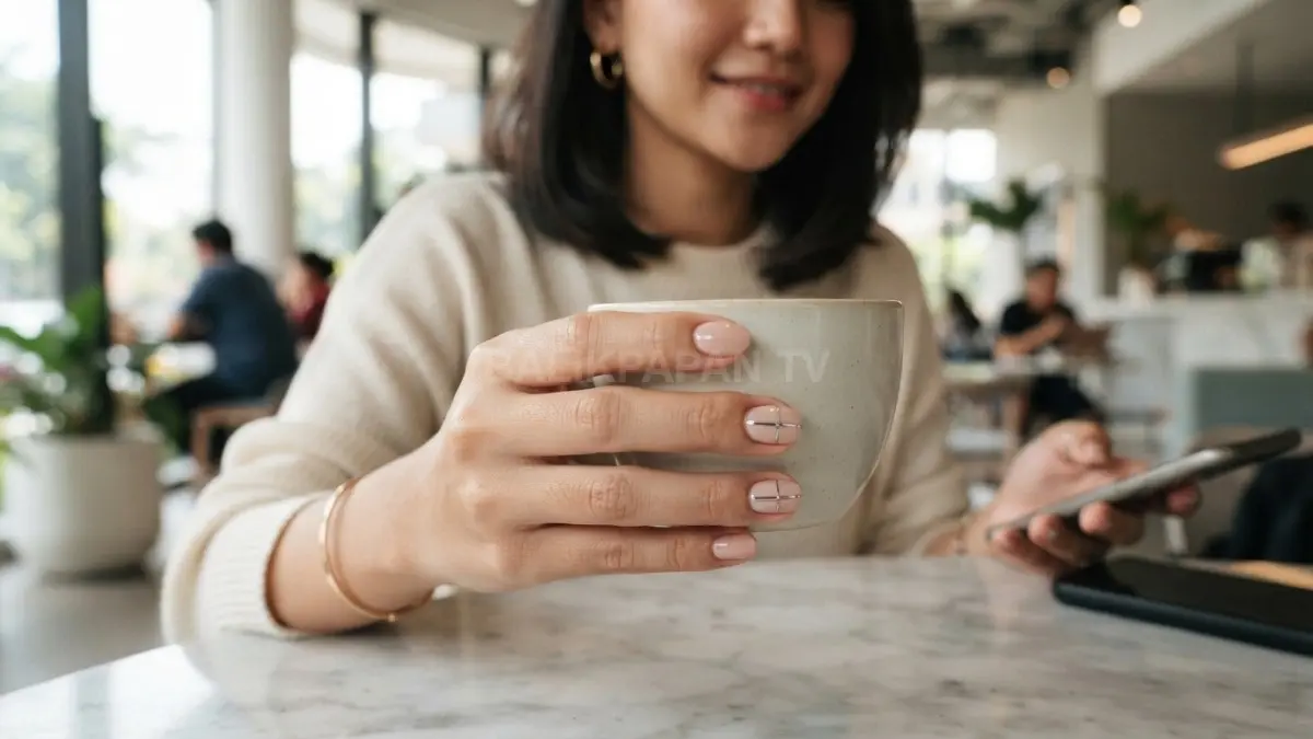 Warna nude berpadu aksen chrome tipis menciptakan kuku elegan, modern, dan glamor tanpa terlihat berlebihan. (BTV/AI)
