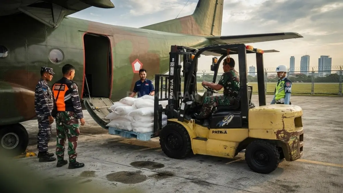 Ilustrasi Pesawat OMC menyemai awan di langit Kalimantan Timur untuk mendukung peningkatan curah hujan dan pasokan Bendungan Sepaku Semoi.(BTV/AI)