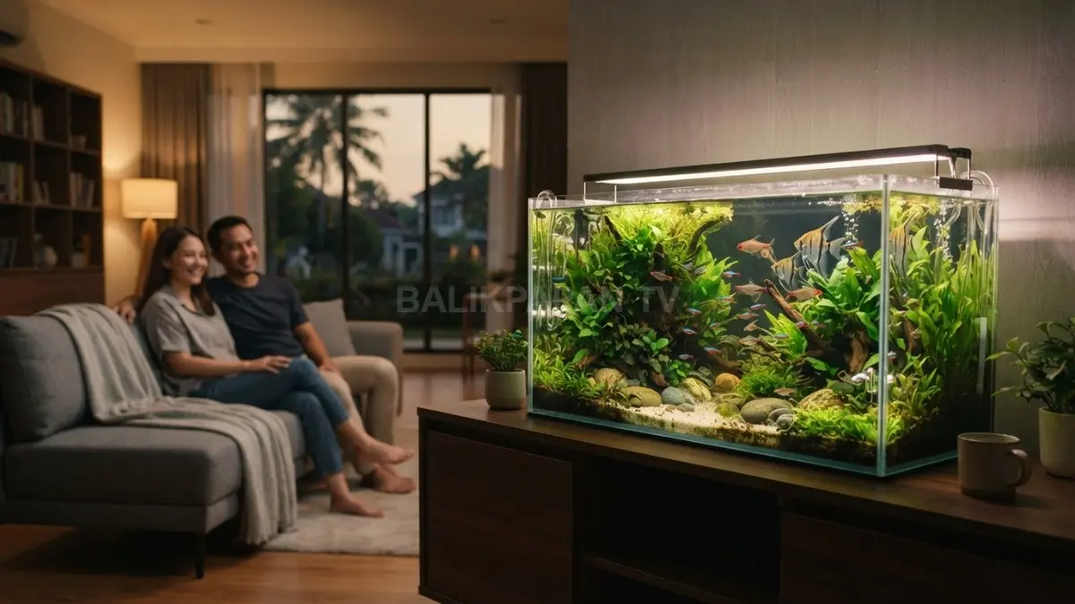 Akuarium air tawar dengan tanaman hijau menghadirkan nuansa alami yang menyatu harmonis dengan interior ruang keluarga. (BTV/AI)