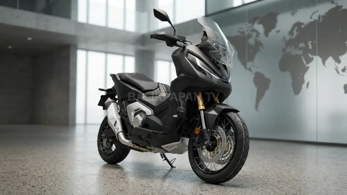 Detail Honda X-ADV 2027 yang menampilkan lampu LED, windshield adjustable, serta desain bodi adventure.