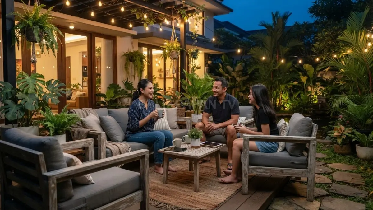 Halaman belakang nyaman dengan sofa outdoor, tanaman pot, meja kecil, dan pencahayaan hangat untuk keluarga. (BTV/AI)
