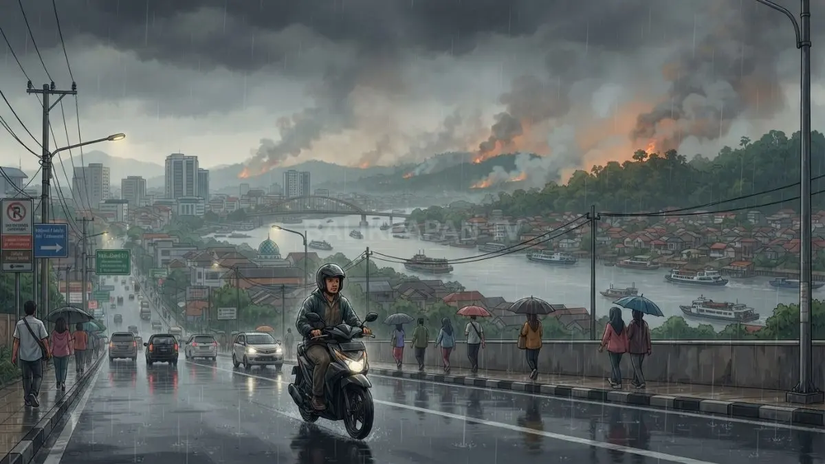 Ilustrasi gerimis mengguyur Samarinda di tengah kemarau, sementara risiko kebakaran hutan dan lahan masih mengintai. (BTV/AI)