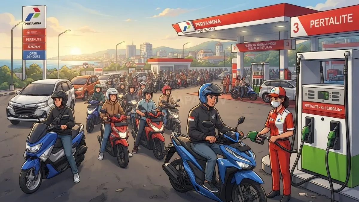 Ilustrasi penyaluran Pertalite untuk kendaraan roda dua di Balikpapan setelah penambahan titik layanan oleh Pertamina. (BTV/AI)