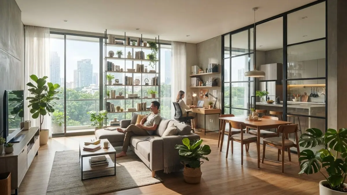 Interior terbuka dengan partisi, rak, furnitur, kaca, dan tanaman membantu membagi fungsi ruang tanpa mengurangi cahaya serta kesan lapang. (BTV/AI)