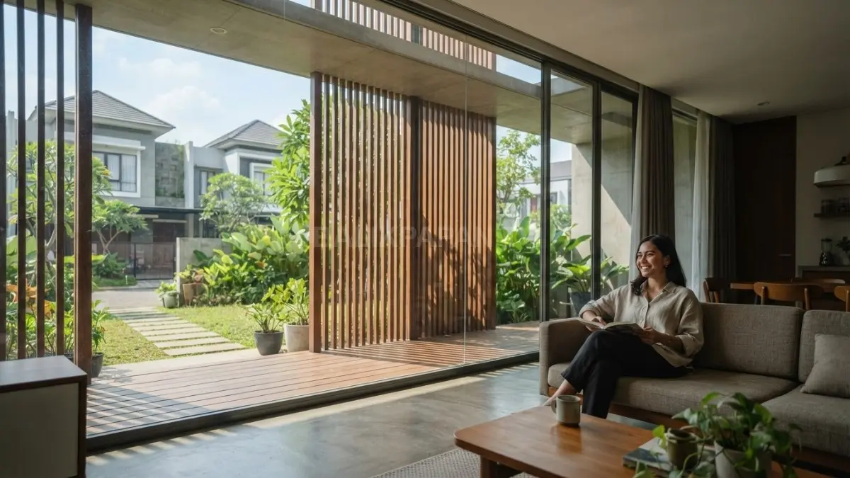 Jendela besar rumah Italia tetap nyaman di Indonesia dengan kanopi, kisi-kisi, teritisan, ventilasi, dan material pelindung panas. (BTV/AI)
