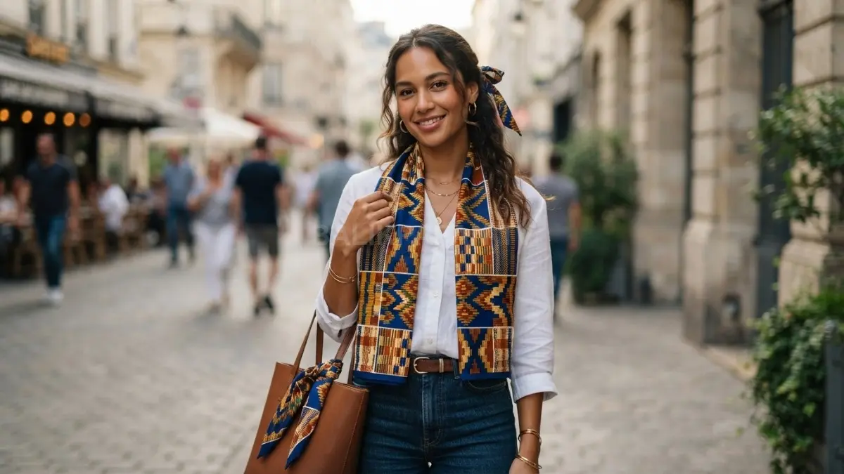 Kain tradisional sebagai scarf dan aksesori memberi sentuhan budaya pada outfit modern yang tetap sederhana (BTV/AI)
