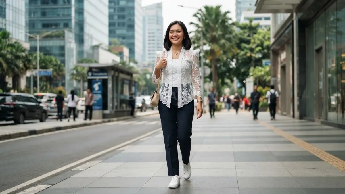 Kebaya modern dengan celana tailored menciptakan tampilan elegan, rapi, dan tetap nyaman untuk berbagai kesempatan masa kini. (BTV/AI)
