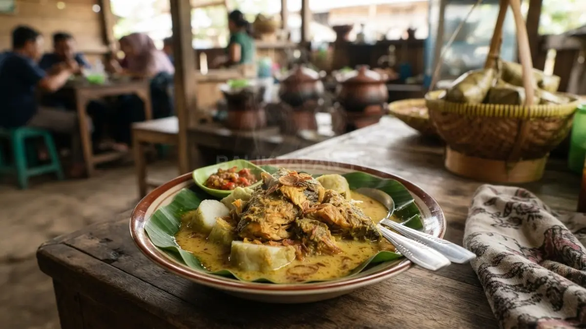 Ketupat Kandangan menyajikan ketupat, ikan haruan, dan kuah santan gurih sebagai warisan kuliner Banjar khas Kalimantan Selatan. (BTV/AI)